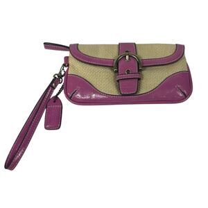 Coach Leatherware Wristlet Woven Straw Pink Soho Buckle Clutch